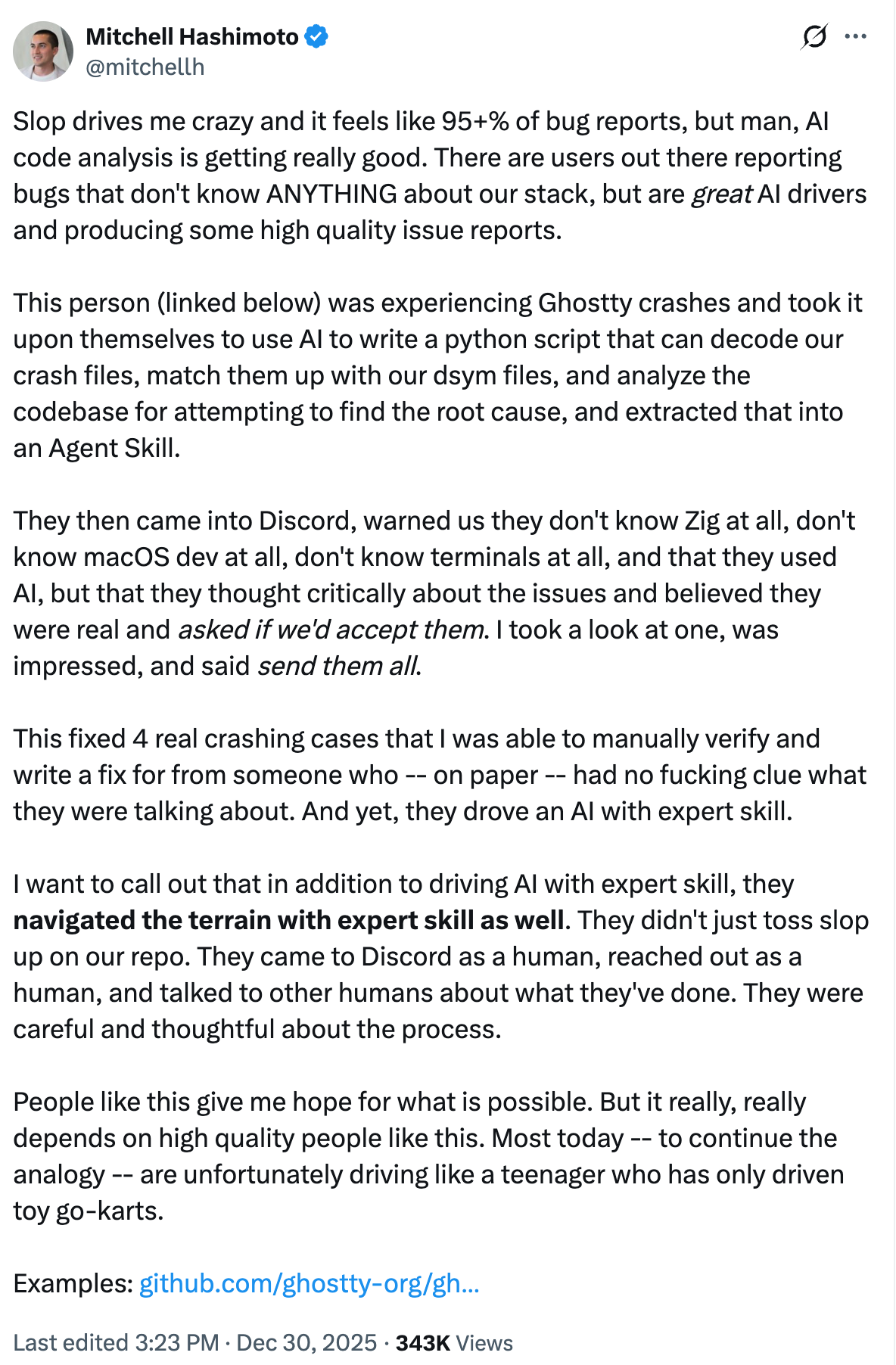 Image of Mitchell Hashimoto's Tweet, link below